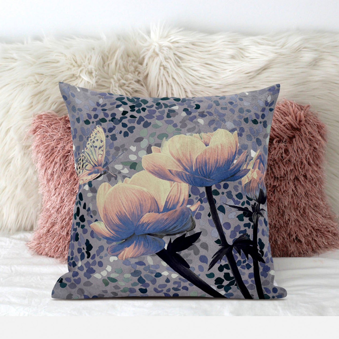20" X 20" Gray and Yellow Butterfly Broadcloth Floral Zippered Pillow