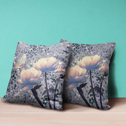 20" X 20" Gray and Yellow Butterfly Broadcloth Floral Zippered Pillow