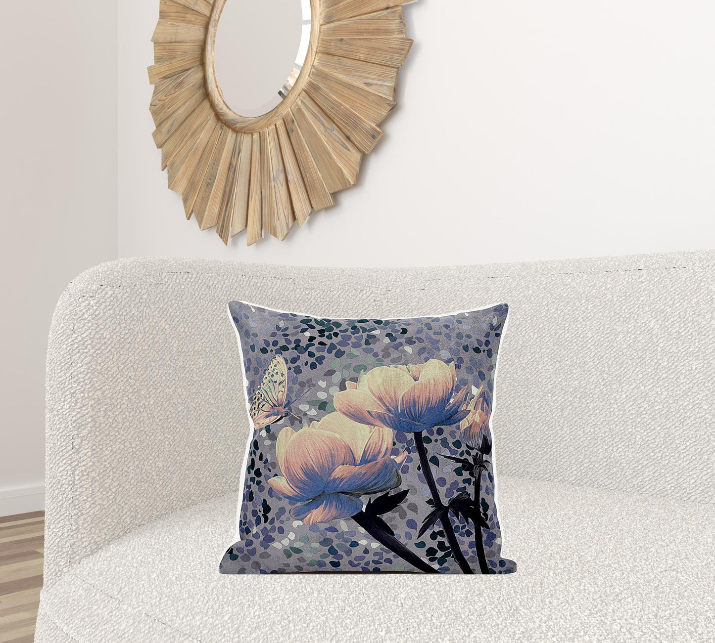 20" X 20" Gray and Yellow Butterfly Broadcloth Floral Zippered Pillow