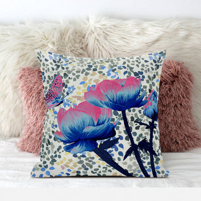 16" X 16" Pink and Blue Butterfly Broadcloth Floral Zippered Pillow