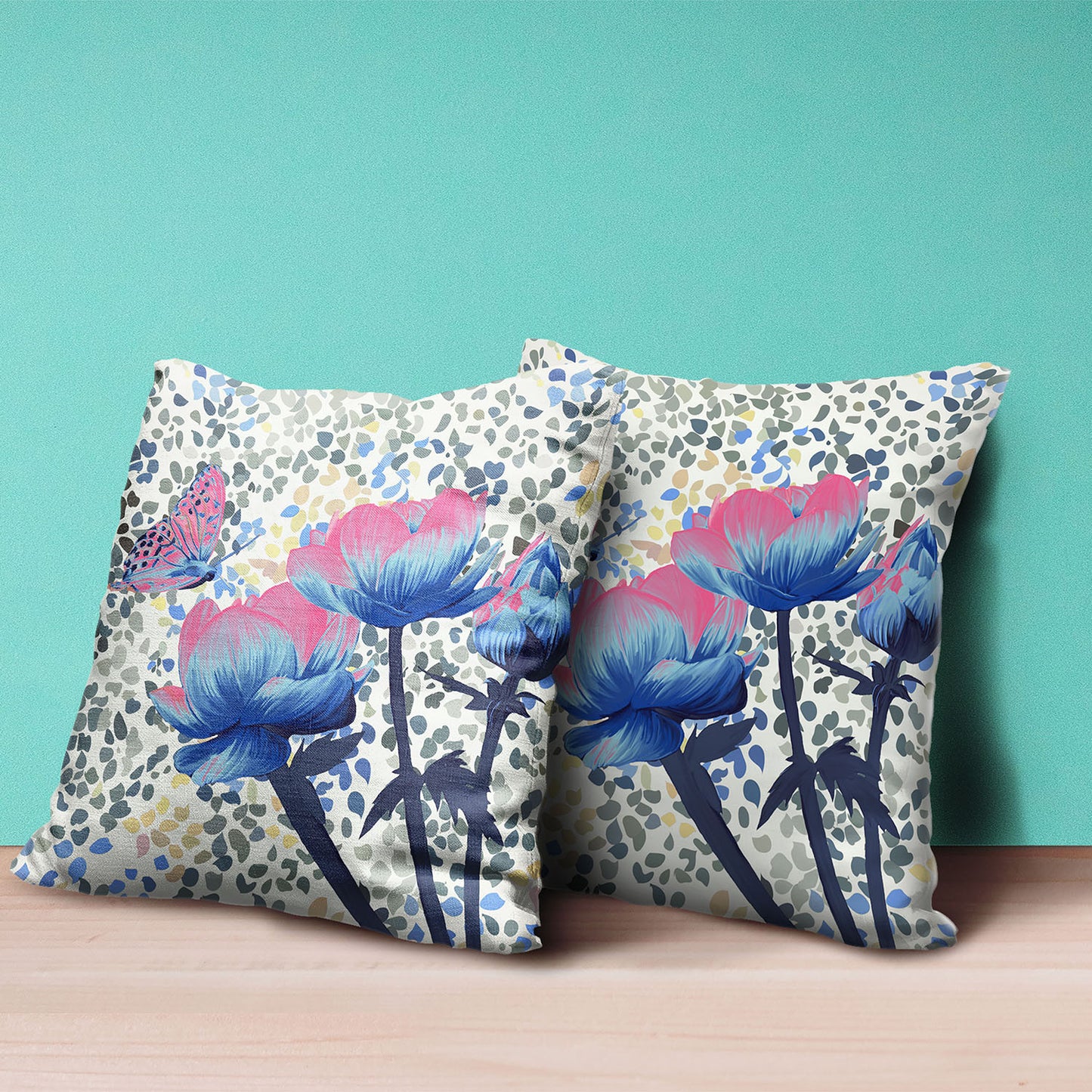 16" X 16" Pink and Blue Butterfly Broadcloth Floral Zippered Pillow