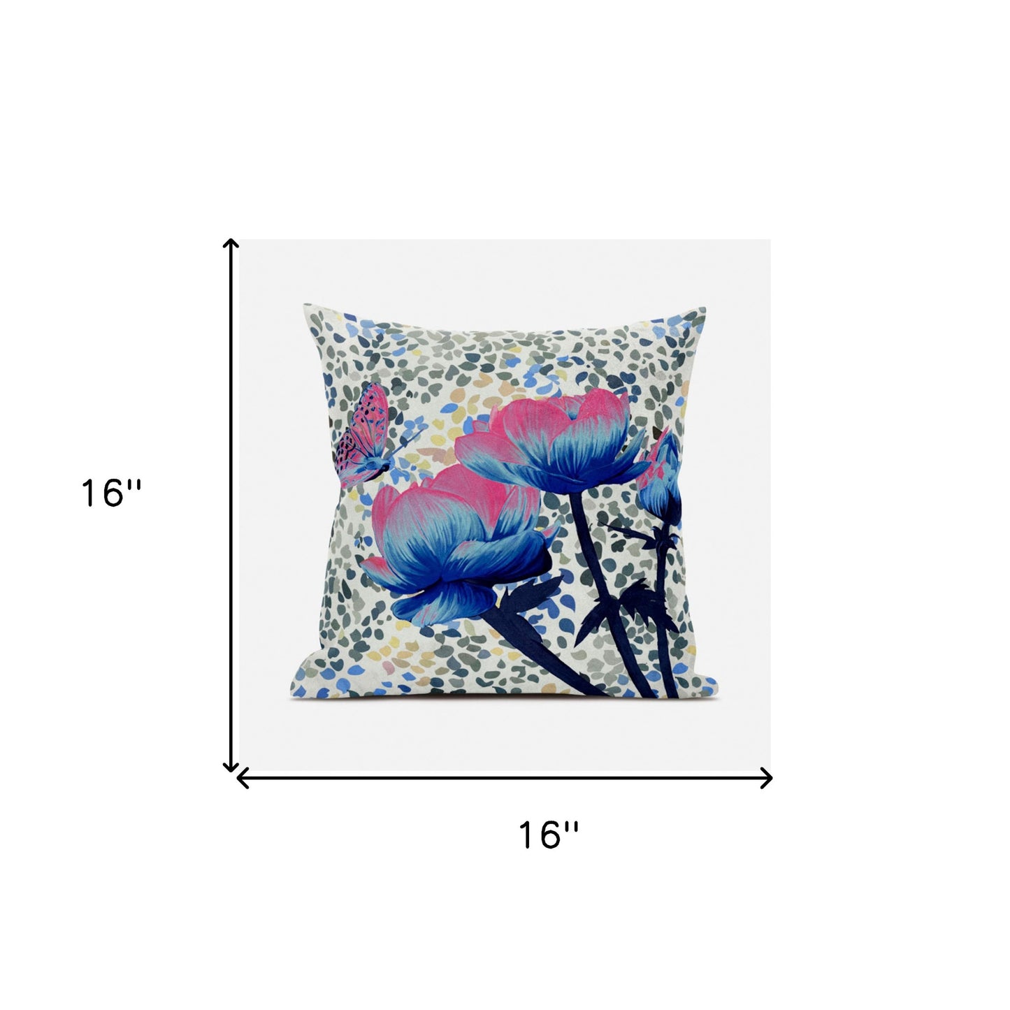 16" X 16" Pink and Blue Butterfly Broadcloth Floral Zippered Pillow