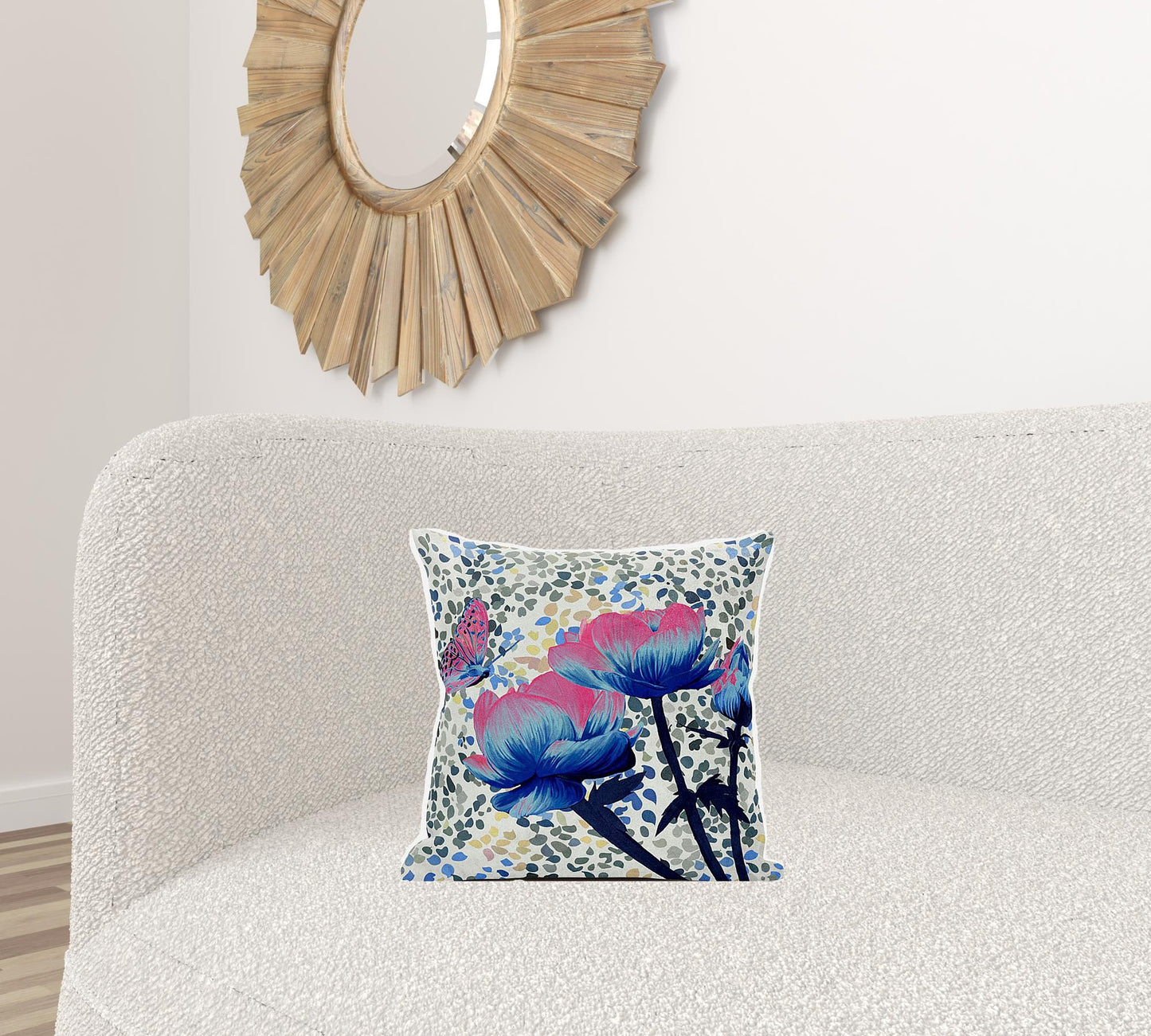 16" X 16" Pink and Blue Butterfly Broadcloth Floral Zippered Pillow