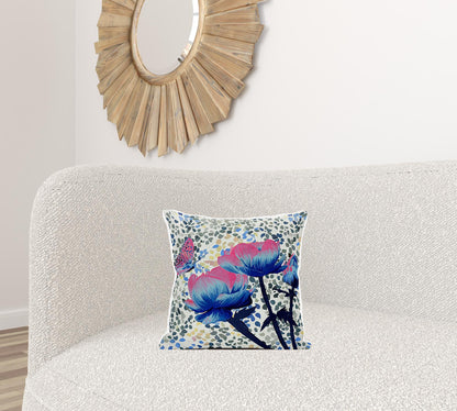 16" X 16" Pink and Blue Butterfly Broadcloth Floral Zippered Pillow