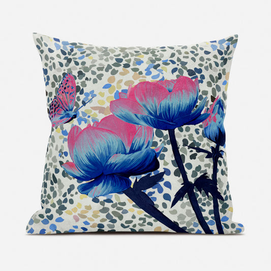 18" X 18" Pink and Blue Butterfly Broadcloth Floral Zippered Pillow