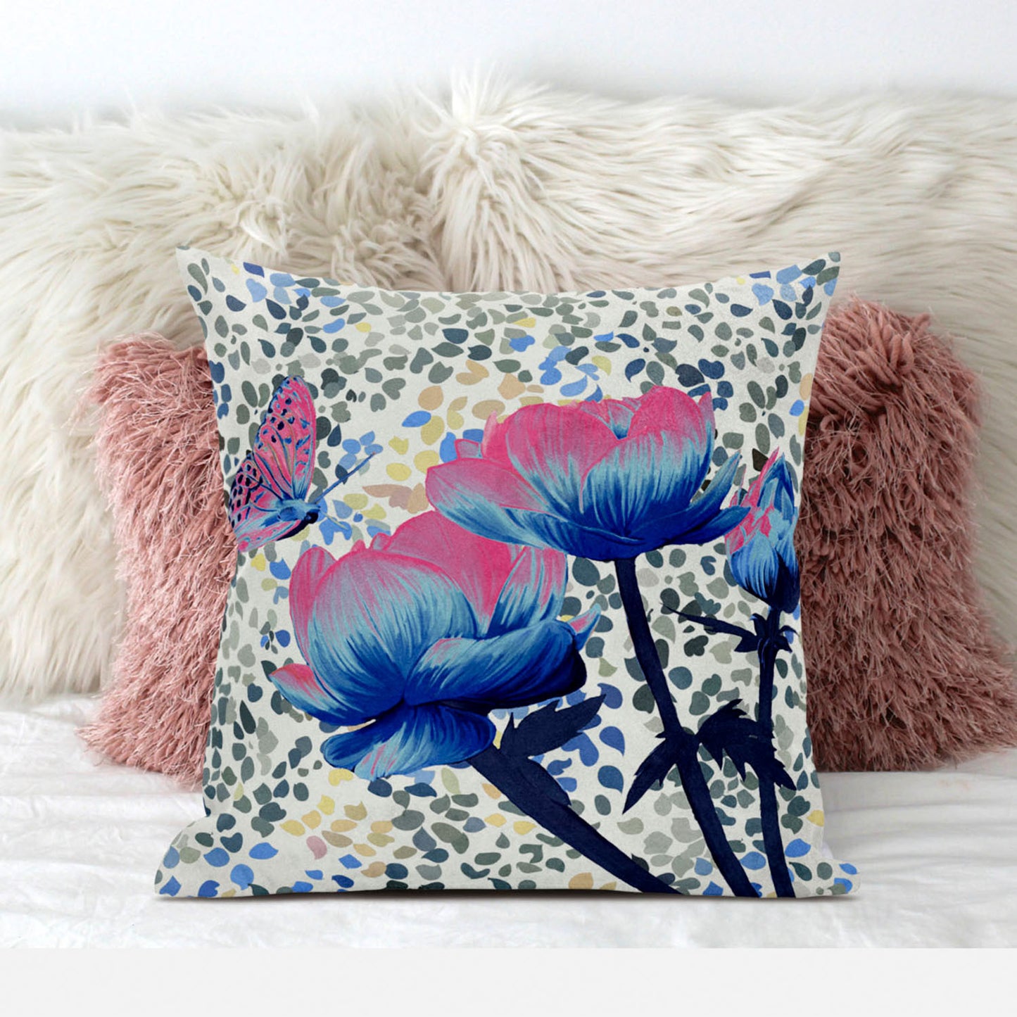 18" X 18" Pink and Blue Butterfly Broadcloth Floral Zippered Pillow
