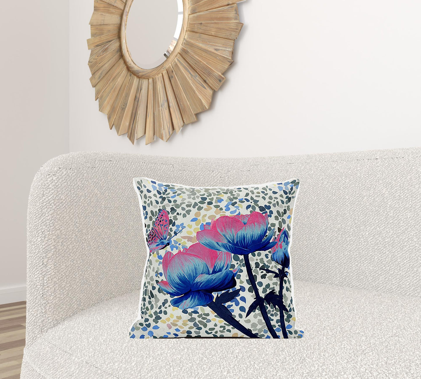 20" X 20" Pink and Blue Butterfly Broadcloth Floral Zippered Pillow