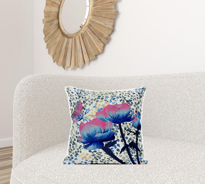 20" X 20" Pink and Blue Butterfly Broadcloth Floral Zippered Pillow