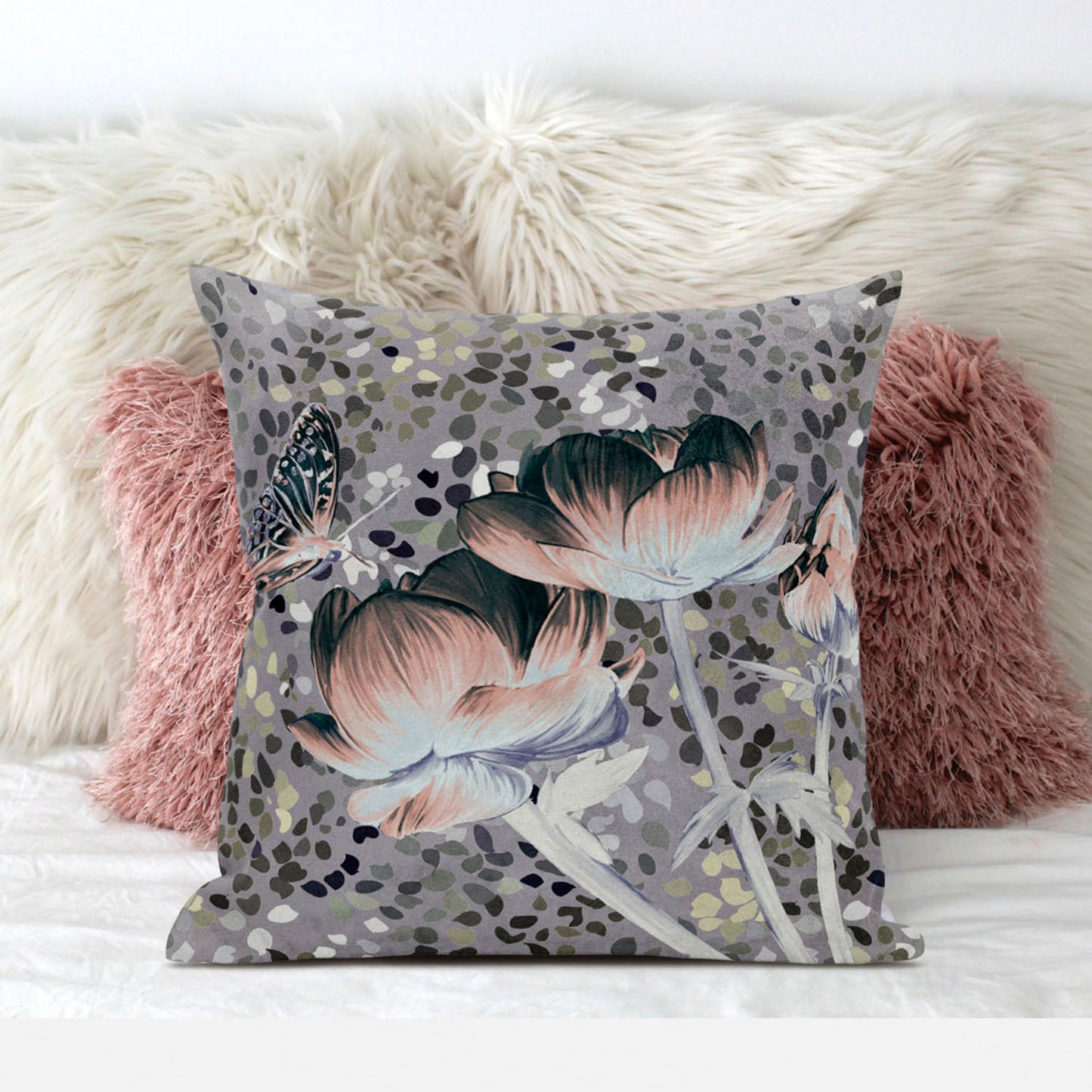 16" X 16" Pink and Green Butterfly Broadcloth Floral Zippered Pillow