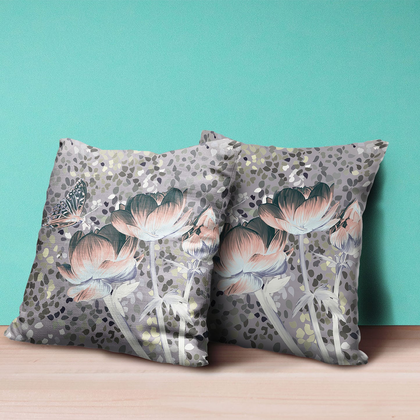 20" X 20" Pink and Green Butterfly Broadcloth Floral Zippered Pillow
