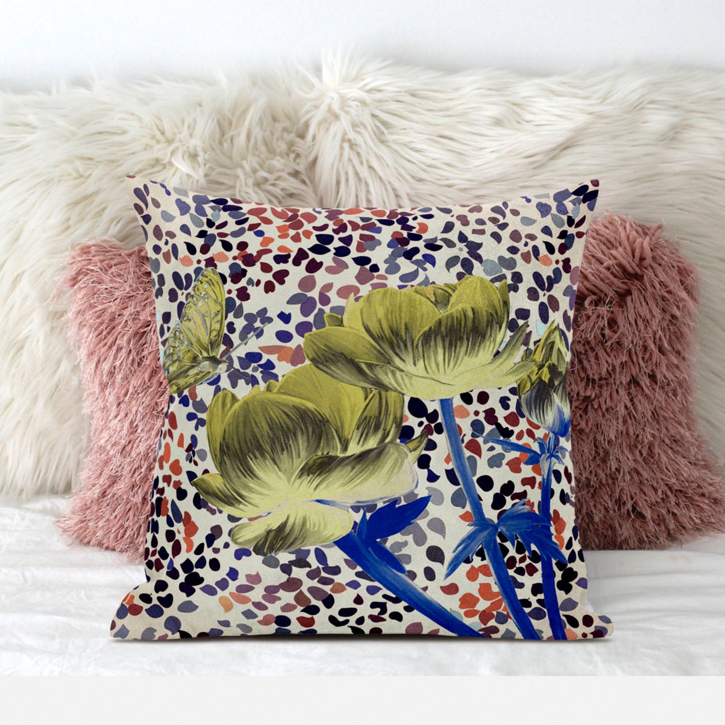 16" X 16" Blue and Green Butterfly Broadcloth Floral Zippered Pillow