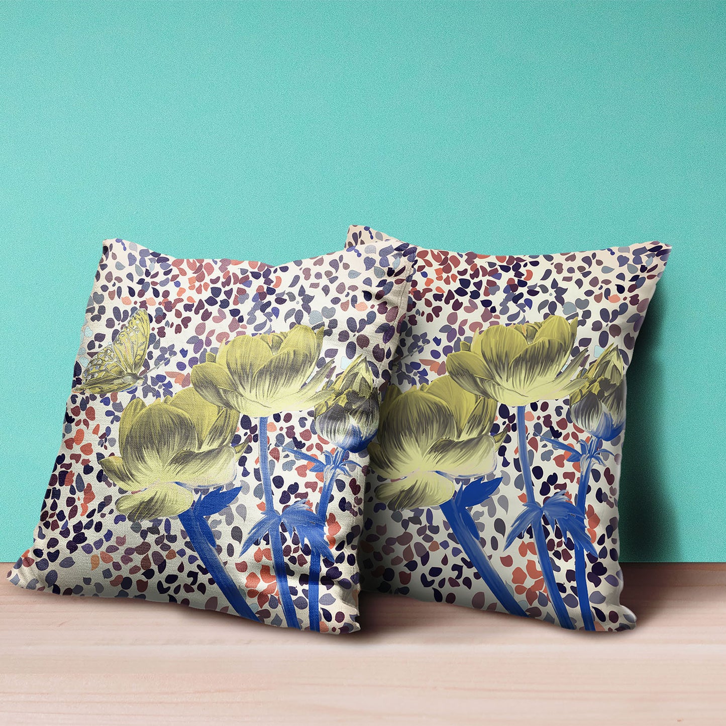 16" X 16" Blue and Green Butterfly Broadcloth Floral Zippered Pillow