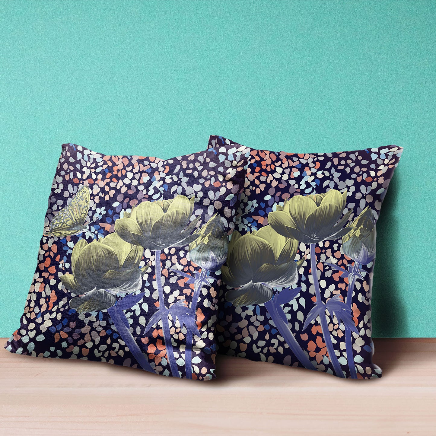 20" X 20" Green and Yellow Butterfly Broadcloth Floral Zippered Pillow