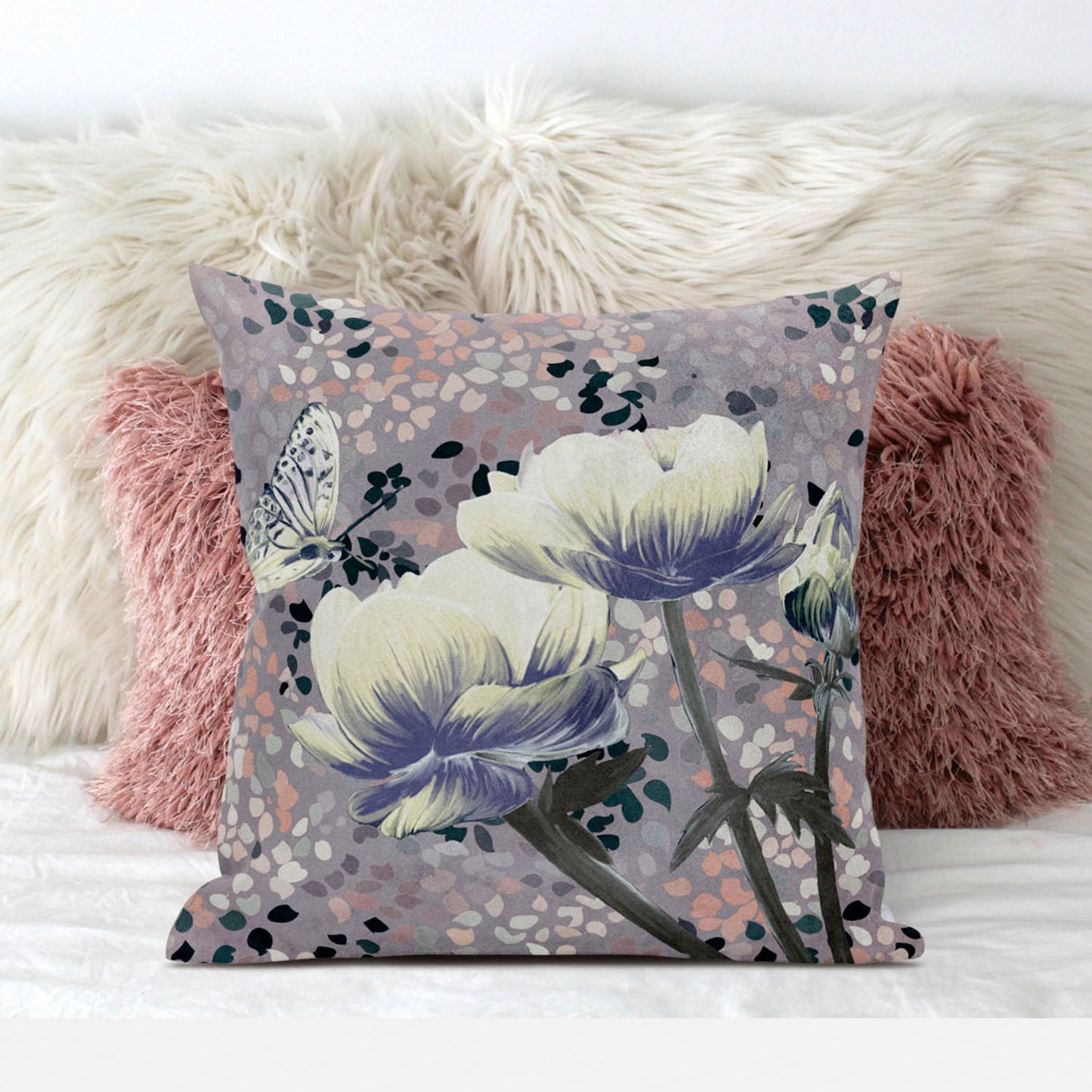 18" X 18" Blue and Gray Butterfly Broadcloth Floral Zippered Pillow