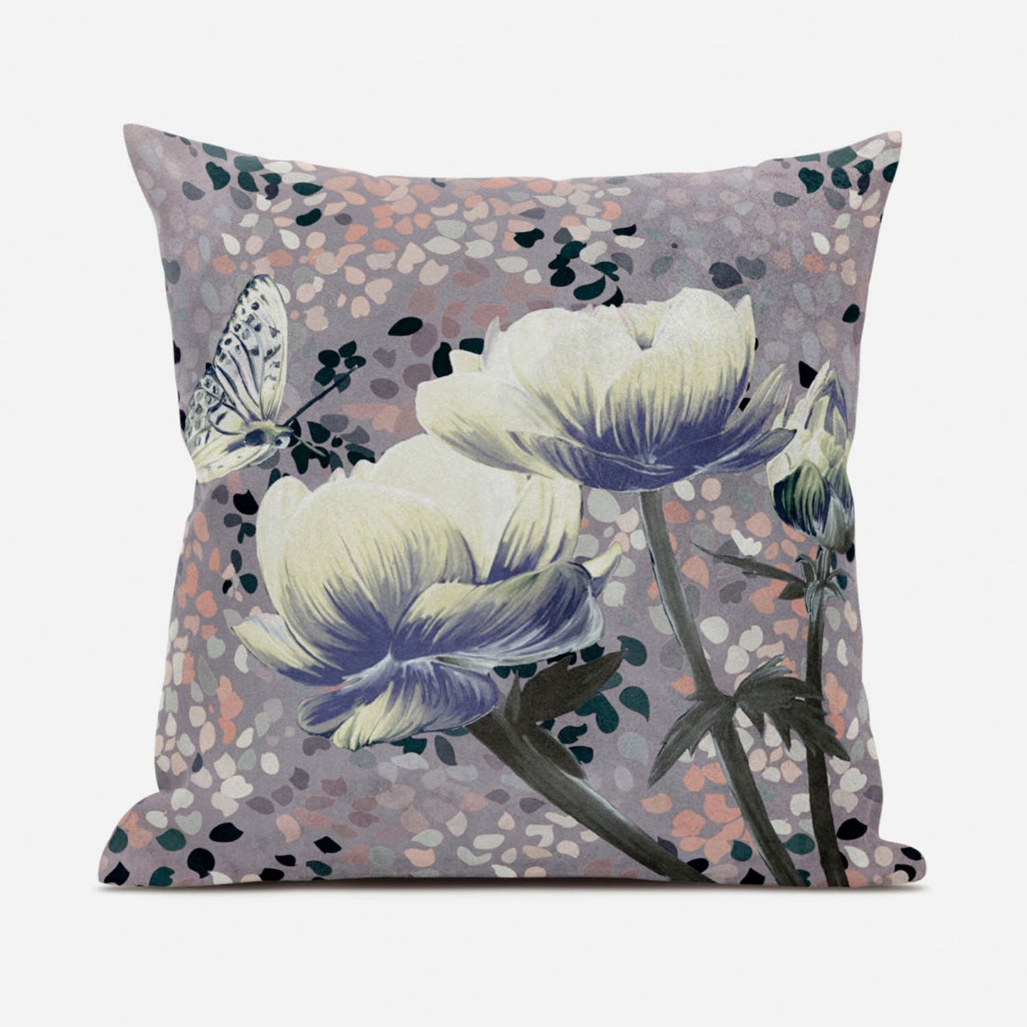 20" X 20" Blue and Gray Butterfly Broadcloth Floral Zippered Pillow