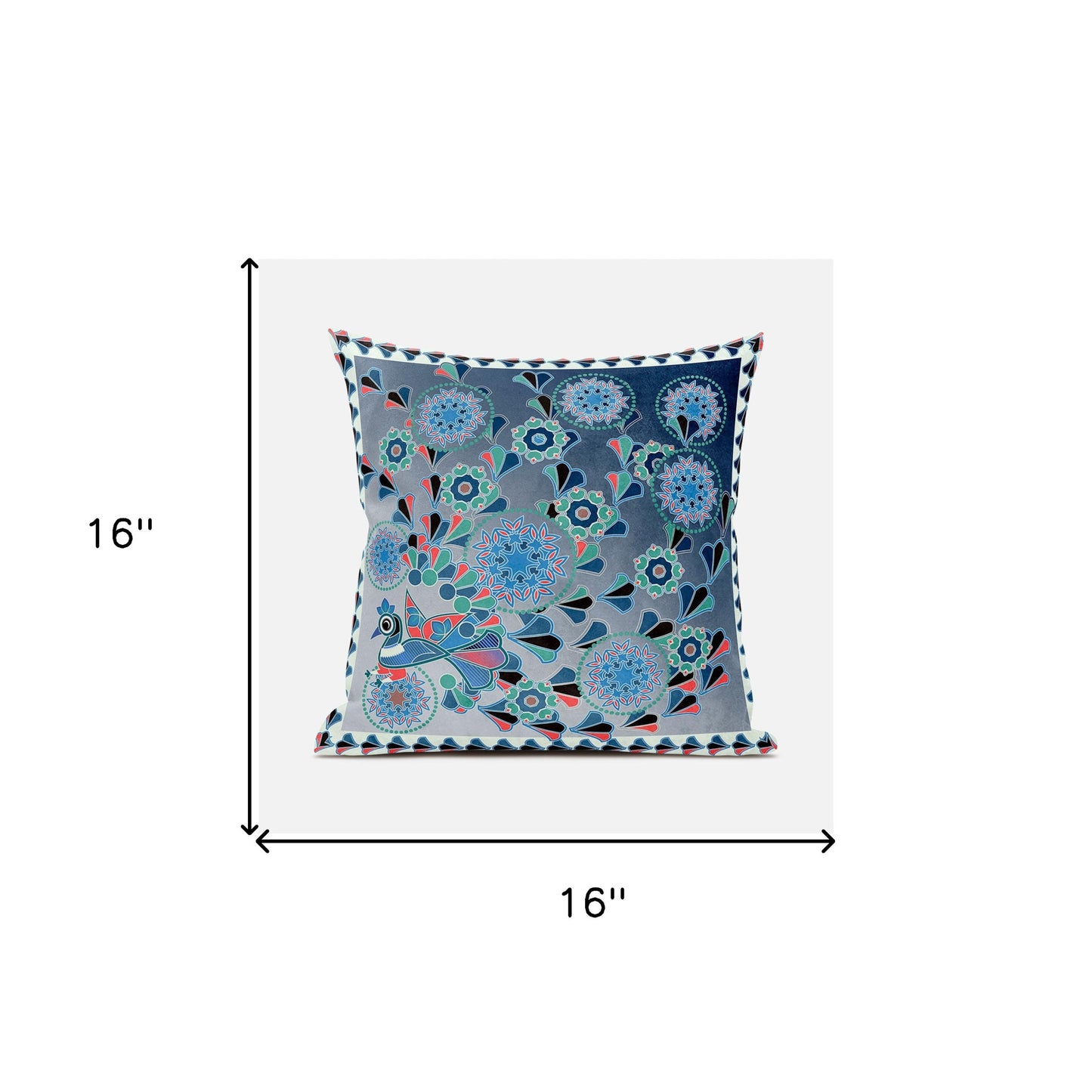 16" X 16" Blue and Green Peacock Broadcloth Floral Zippered Pillow