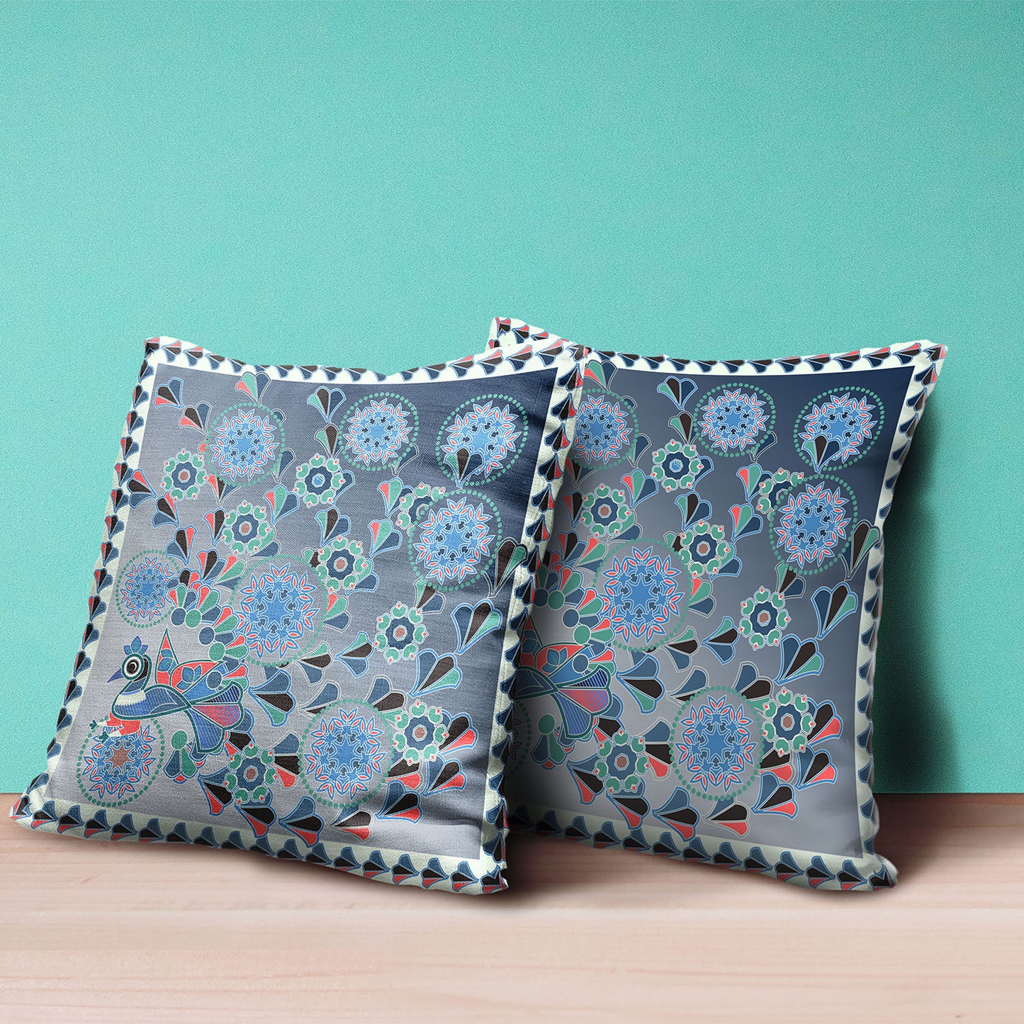 18" X 18" Blue and Green Peacock Broadcloth Floral Zippered Pillow
