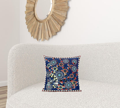16" X 16" Blue and Off White Peacock Broadcloth Floral Zippered Pillow