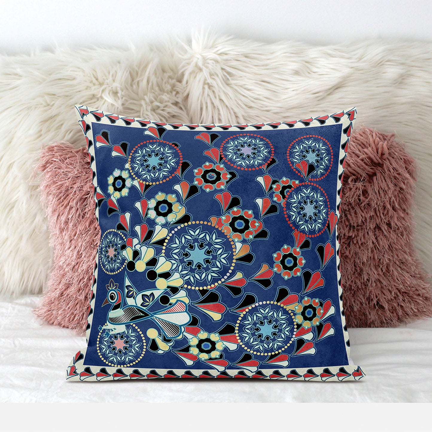 18" X 18" Blue and Off White Peacock Broadcloth Floral Zippered Pillow