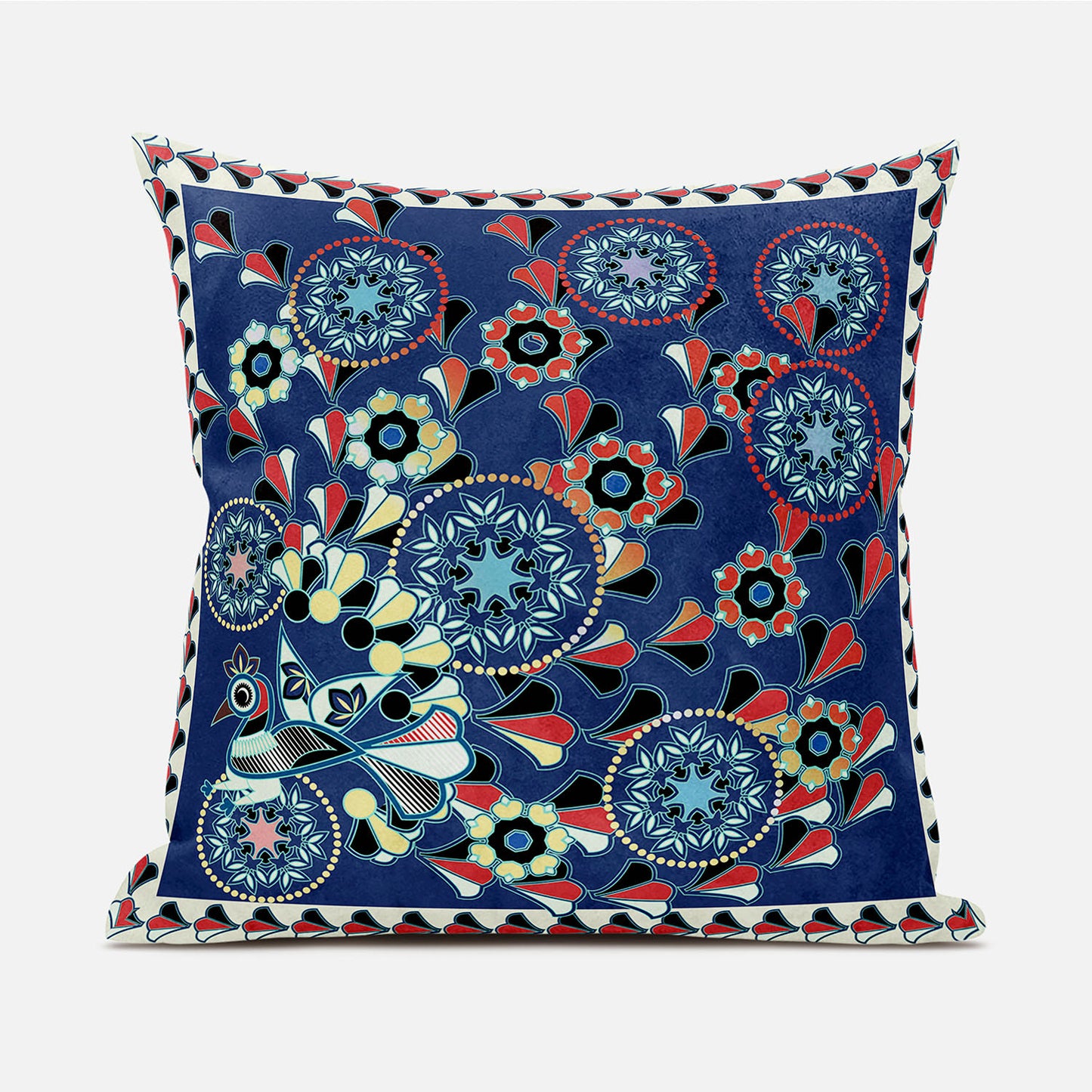 18" X 18" Blue and Off White Peacock Broadcloth Floral Zippered Pillow