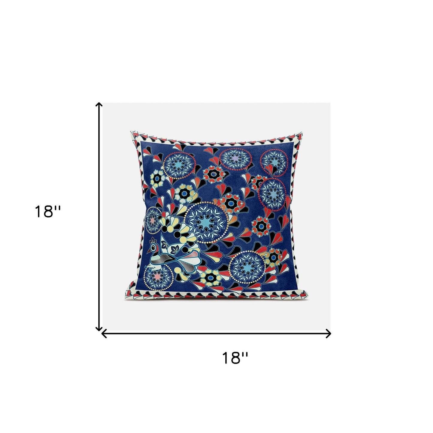 18" X 18" Blue and Off White Peacock Broadcloth Floral Zippered Pillow