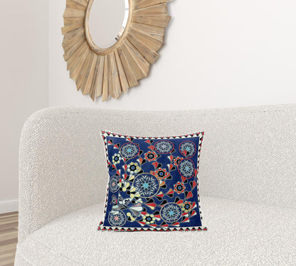 18" X 18" Blue and Off White Peacock Broadcloth Floral Zippered Pillow