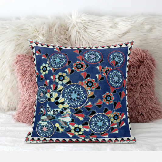 20" X 20" Blue and Off White Peacock Broadcloth Floral Zippered Pillow