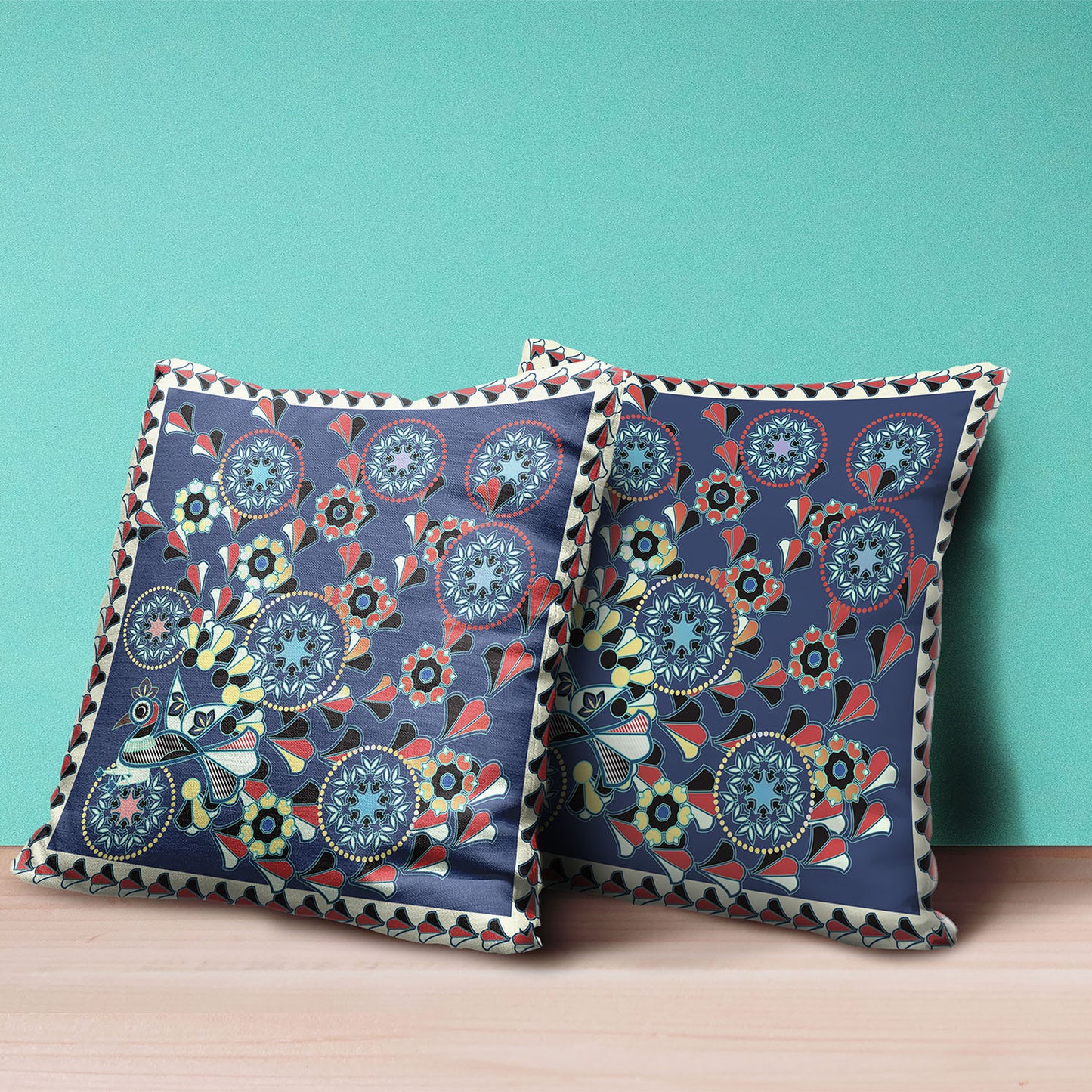 20" X 20" Blue and Off White Peacock Broadcloth Floral Zippered Pillow