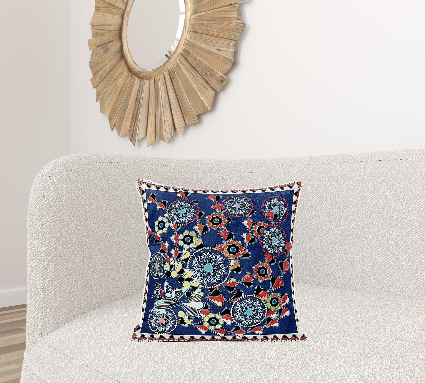 20" X 20" Blue and Off White Peacock Broadcloth Floral Zippered Pillow