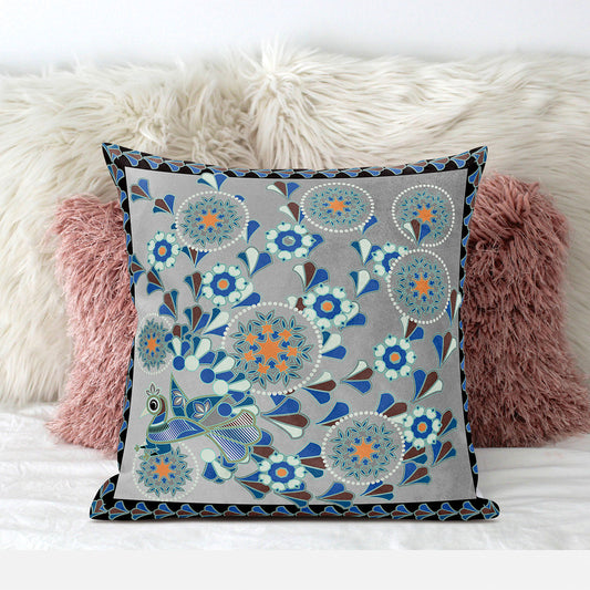 16" X 16" Gray and Black Peacock Broadcloth Floral Zippered Pillow