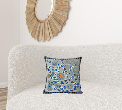 16" X 16" Gray and Black Peacock Broadcloth Floral Zippered Pillow
