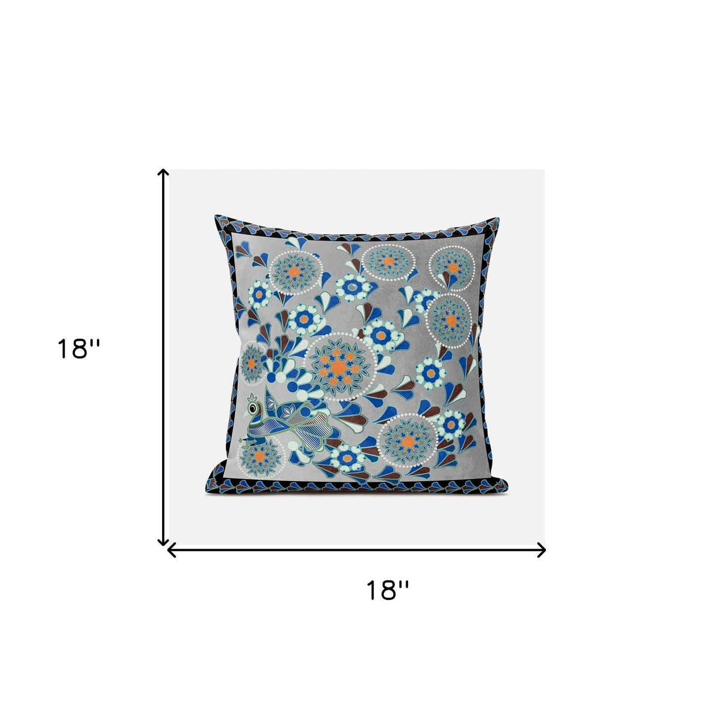18" X 18" Gray and Black Peacock Broadcloth Floral Zippered Pillow