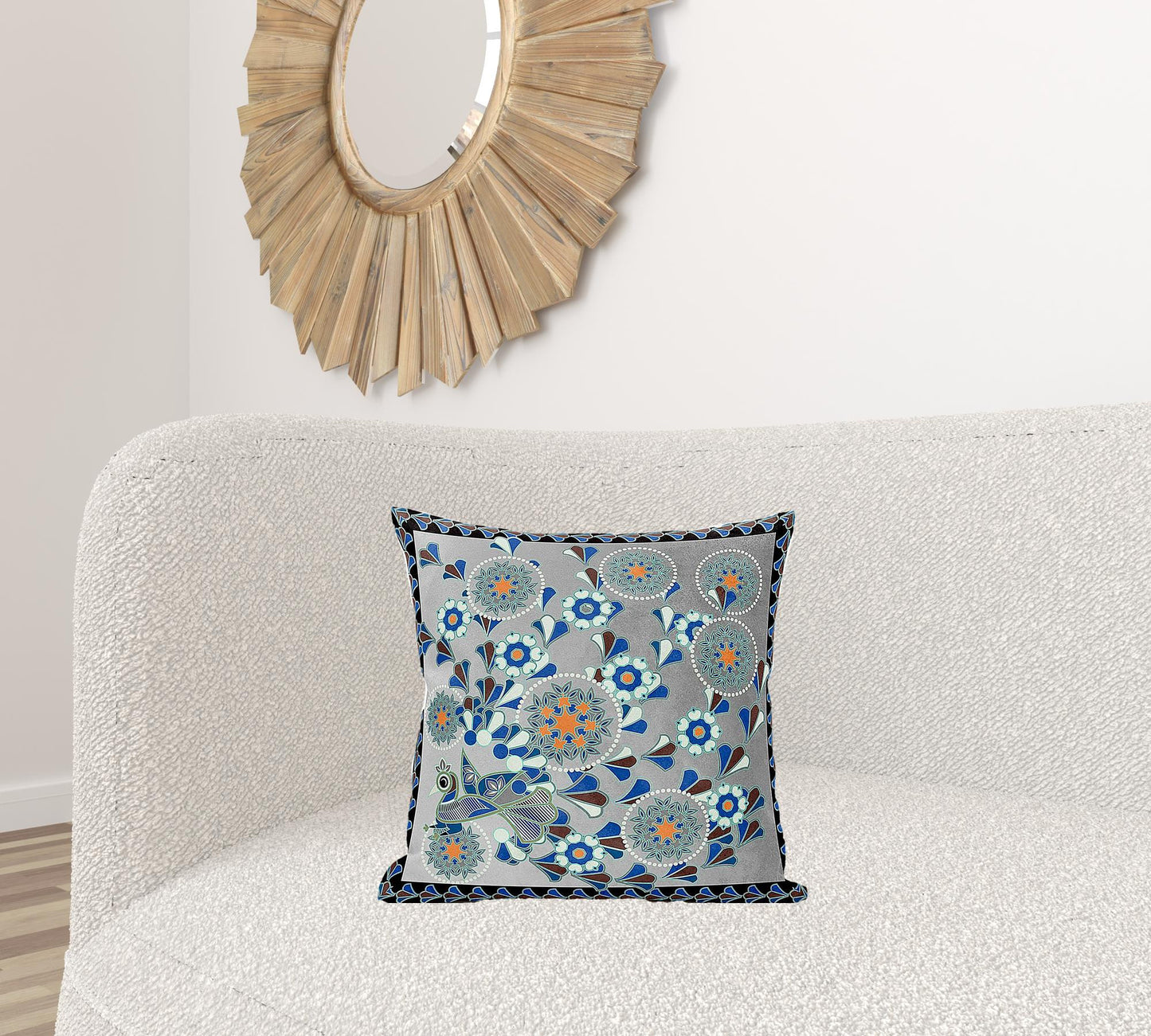 18" X 18" Gray and Black Peacock Broadcloth Floral Zippered Pillow