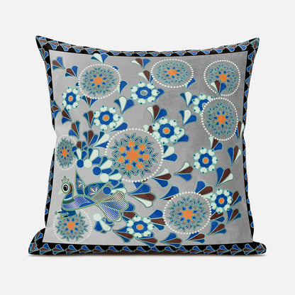 20" X 20" Gray and Black Peacock Broadcloth Floral Zippered Pillow