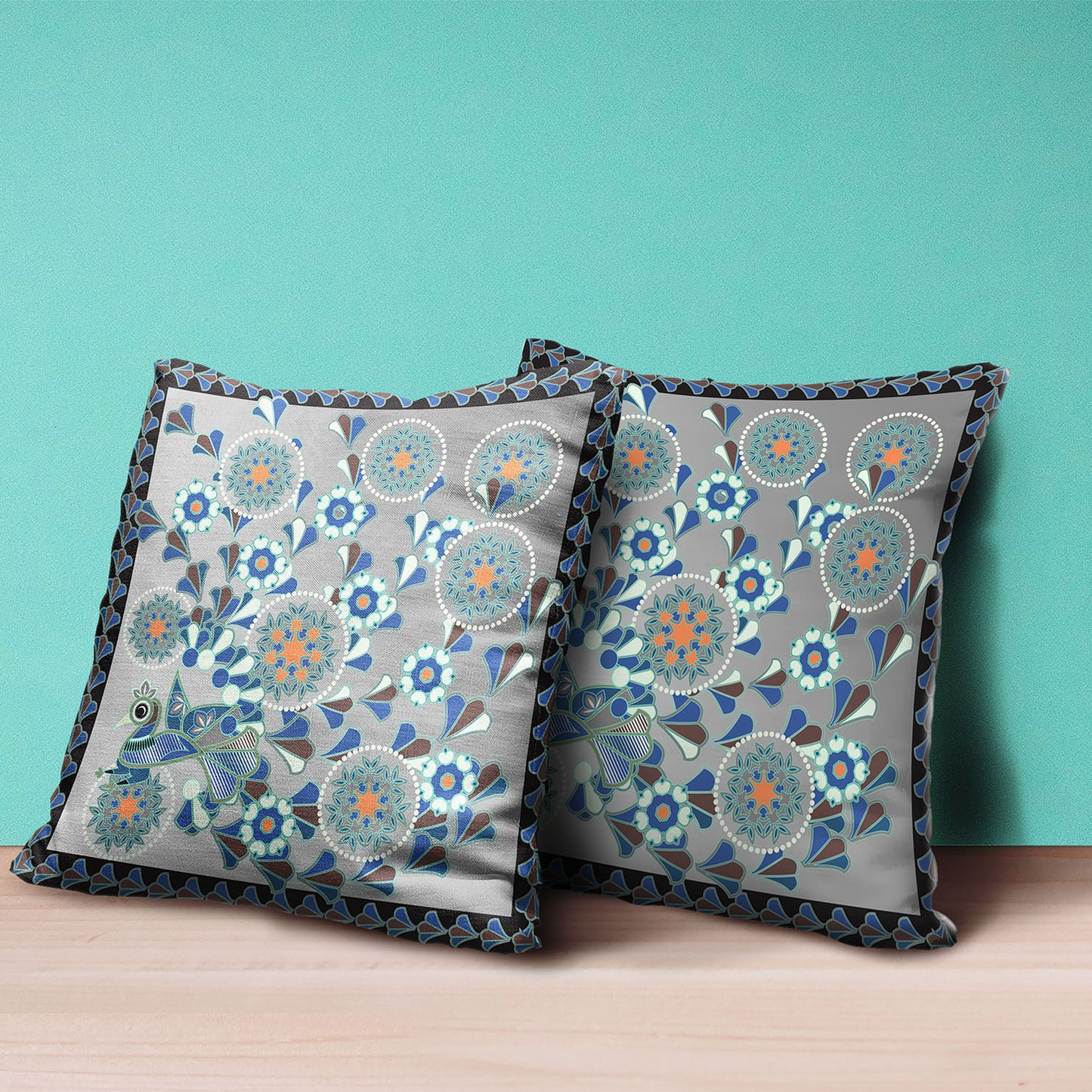 20" X 20" Gray and Black Peacock Broadcloth Floral Zippered Pillow