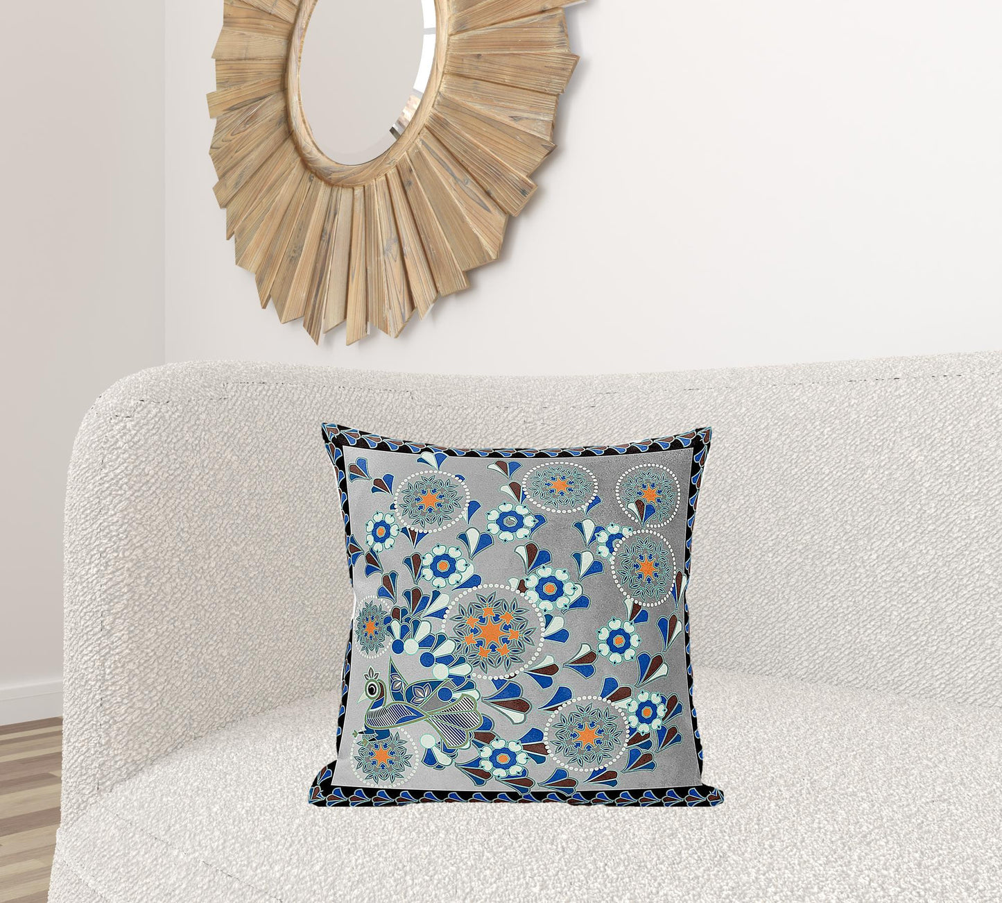 20" X 20" Gray and Black Peacock Broadcloth Floral Zippered Pillow