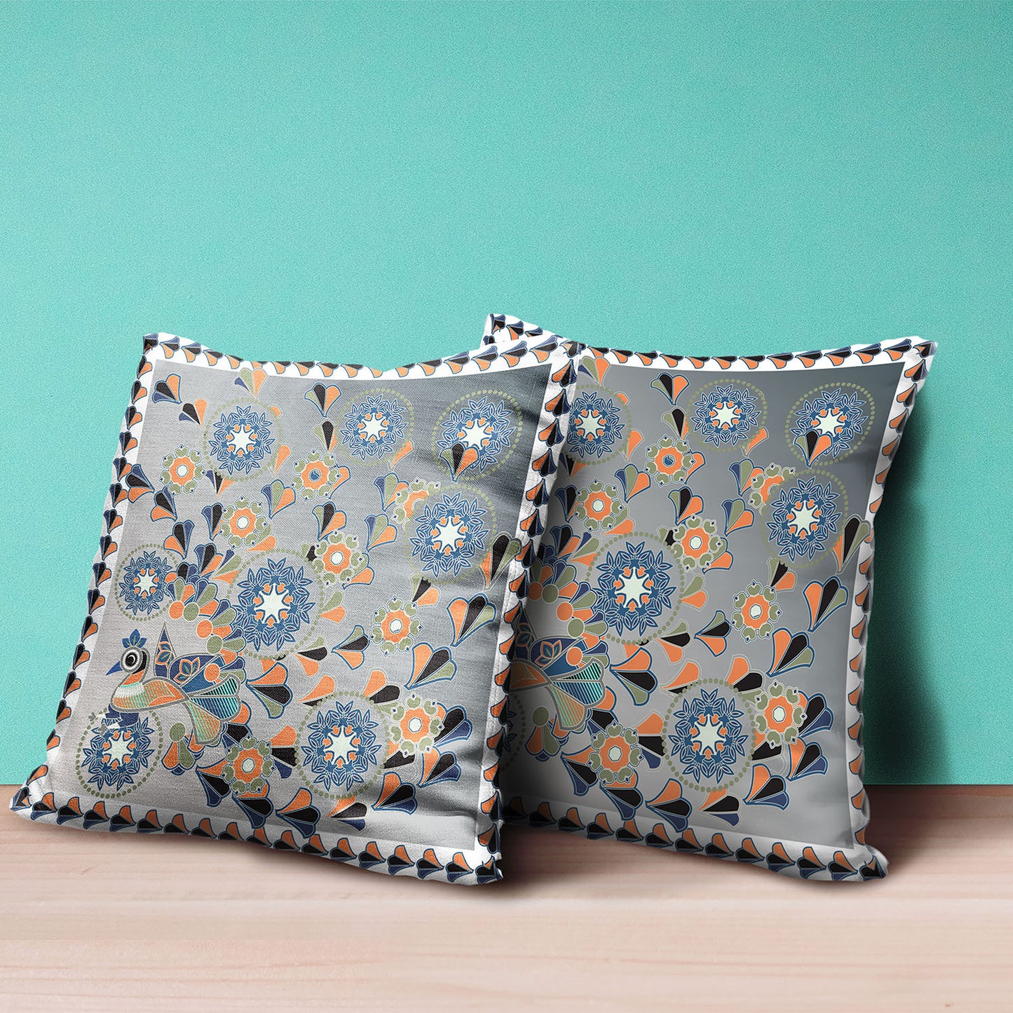 16" X 16" Gray and White Peacock Broadcloth Floral Zippered Pillow