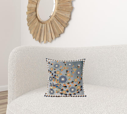 16" X 16" Gray and White Peacock Broadcloth Floral Zippered Pillow