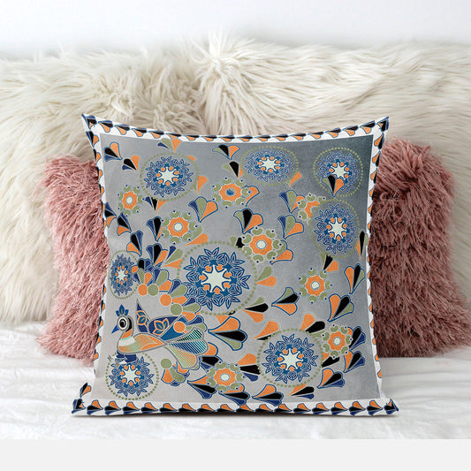 18" X 18" Gray and White Peacock Broadcloth Floral Zippered Pillow