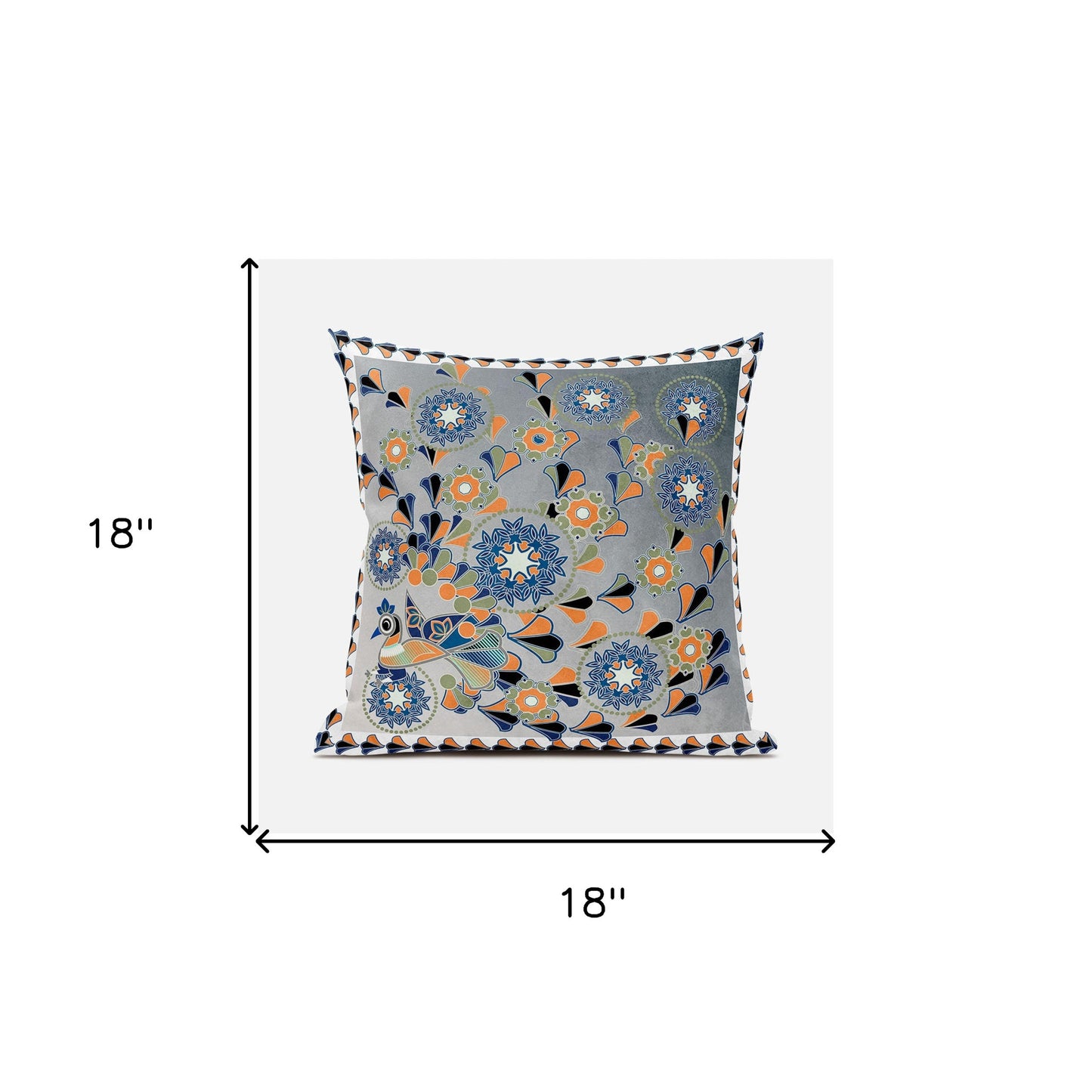 18" X 18" Gray and White Peacock Broadcloth Floral Zippered Pillow