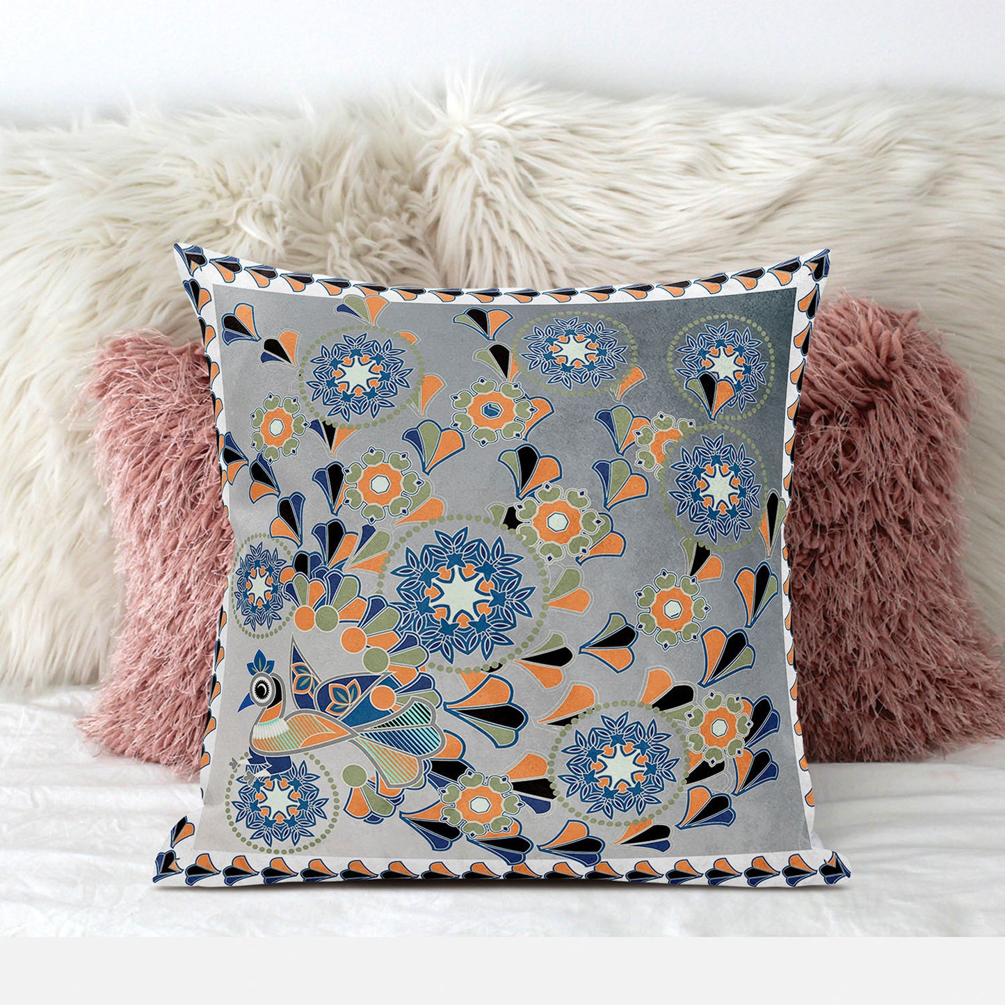 20" X 20" Gray and White Peacock Broadcloth Floral Zippered Pillow