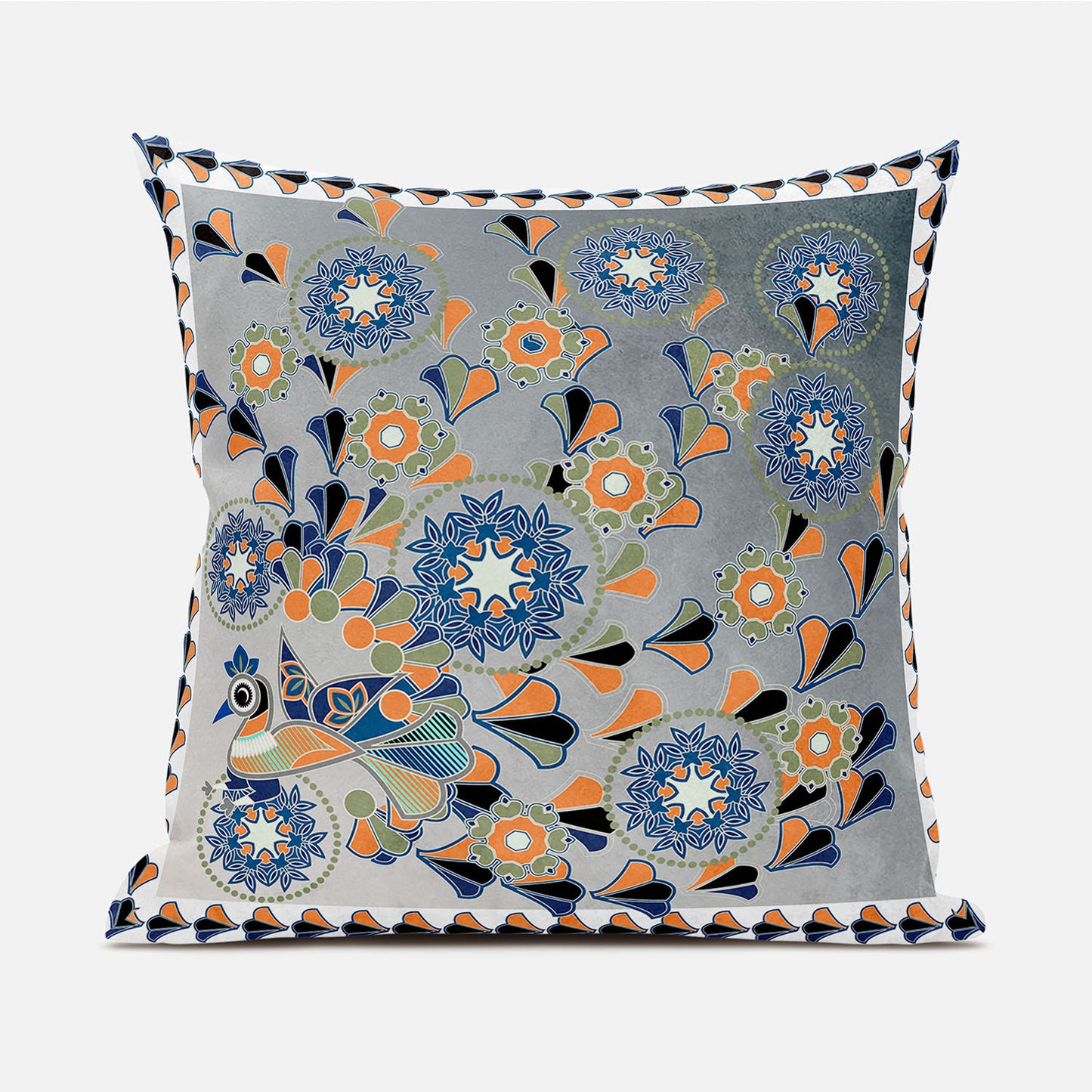 20" X 20" Gray and White Peacock Broadcloth Floral Zippered Pillow