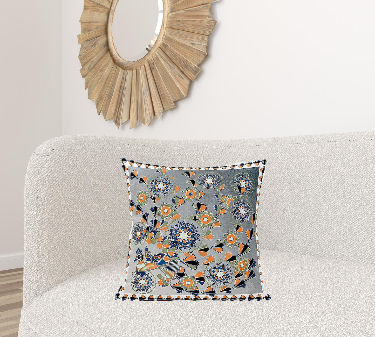 20" X 20" Gray and White Peacock Broadcloth Floral Zippered Pillow