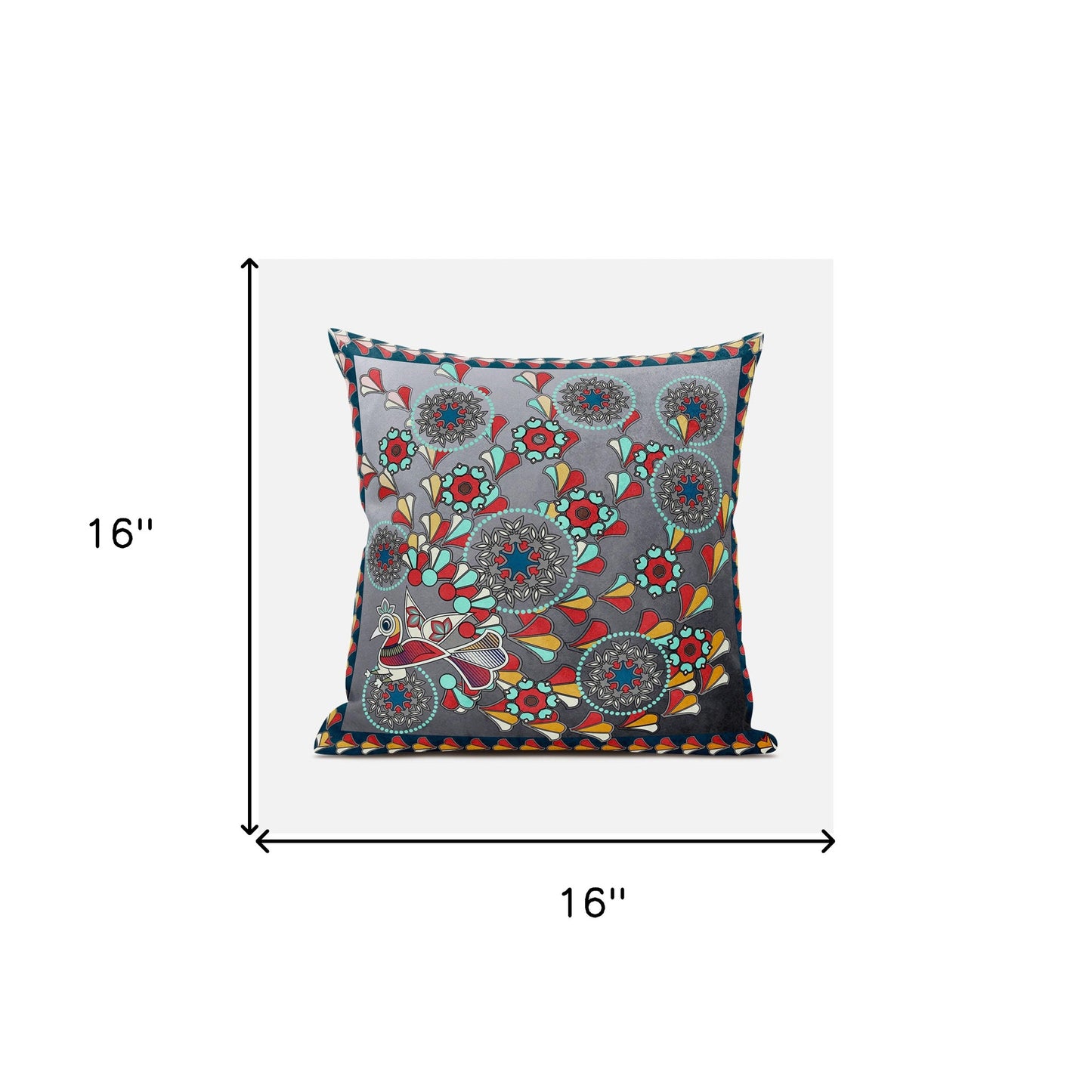 16" X 16" Blue and Gray Peacock Broadcloth Floral Zippered Pillow