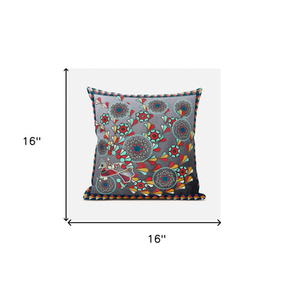 16" X 16" Blue and Gray Peacock Broadcloth Floral Zippered Pillow