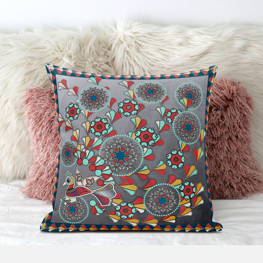 18" X 18" Blue and Gray Peacock Broadcloth Floral Zippered Pillow