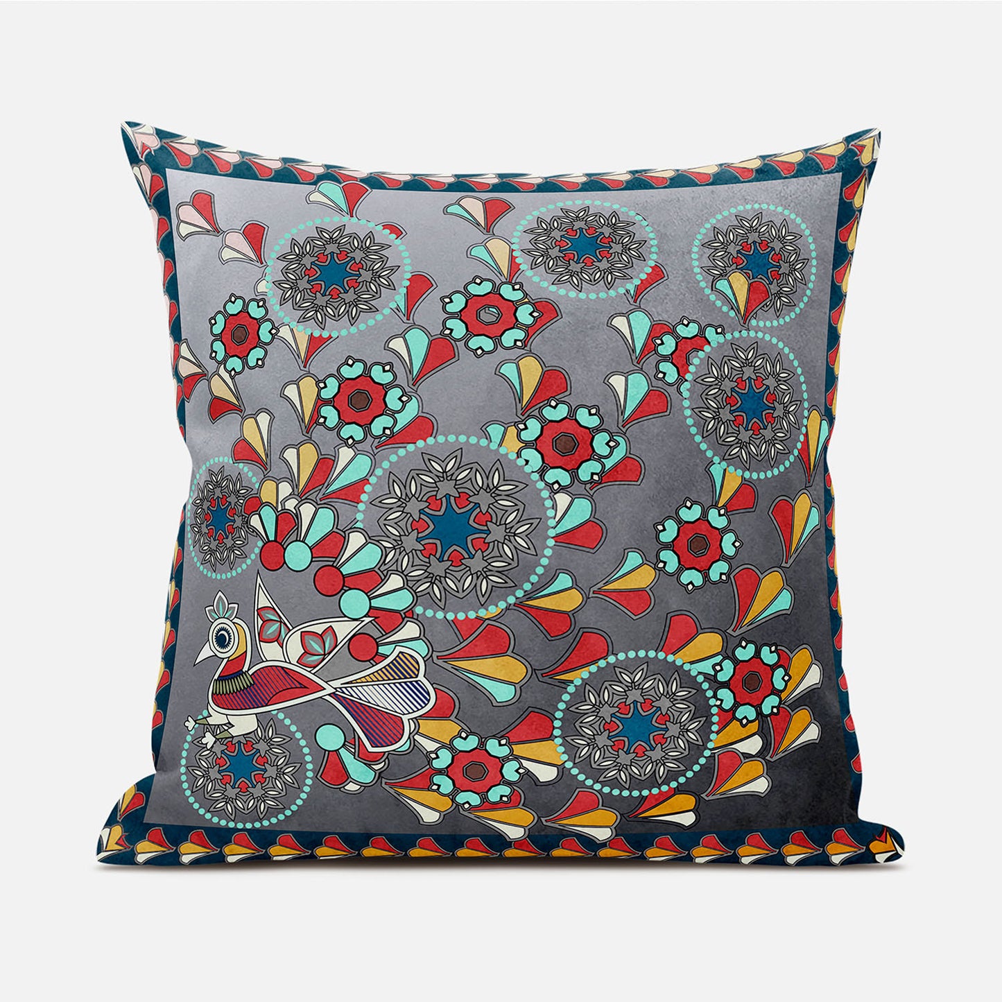 18" X 18" Blue and Gray Peacock Broadcloth Floral Zippered Pillow