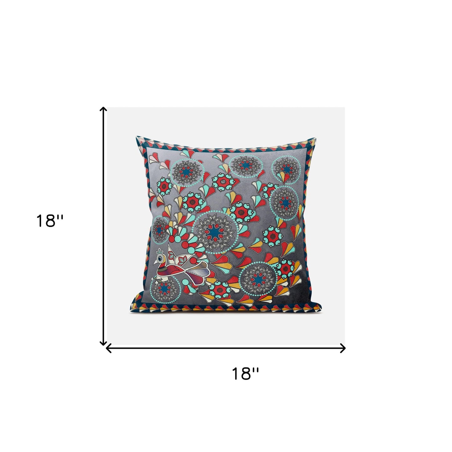 18" X 18" Blue and Gray Peacock Broadcloth Floral Zippered Pillow