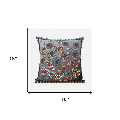 18" X 18" Blue and Gray Peacock Broadcloth Floral Zippered Pillow