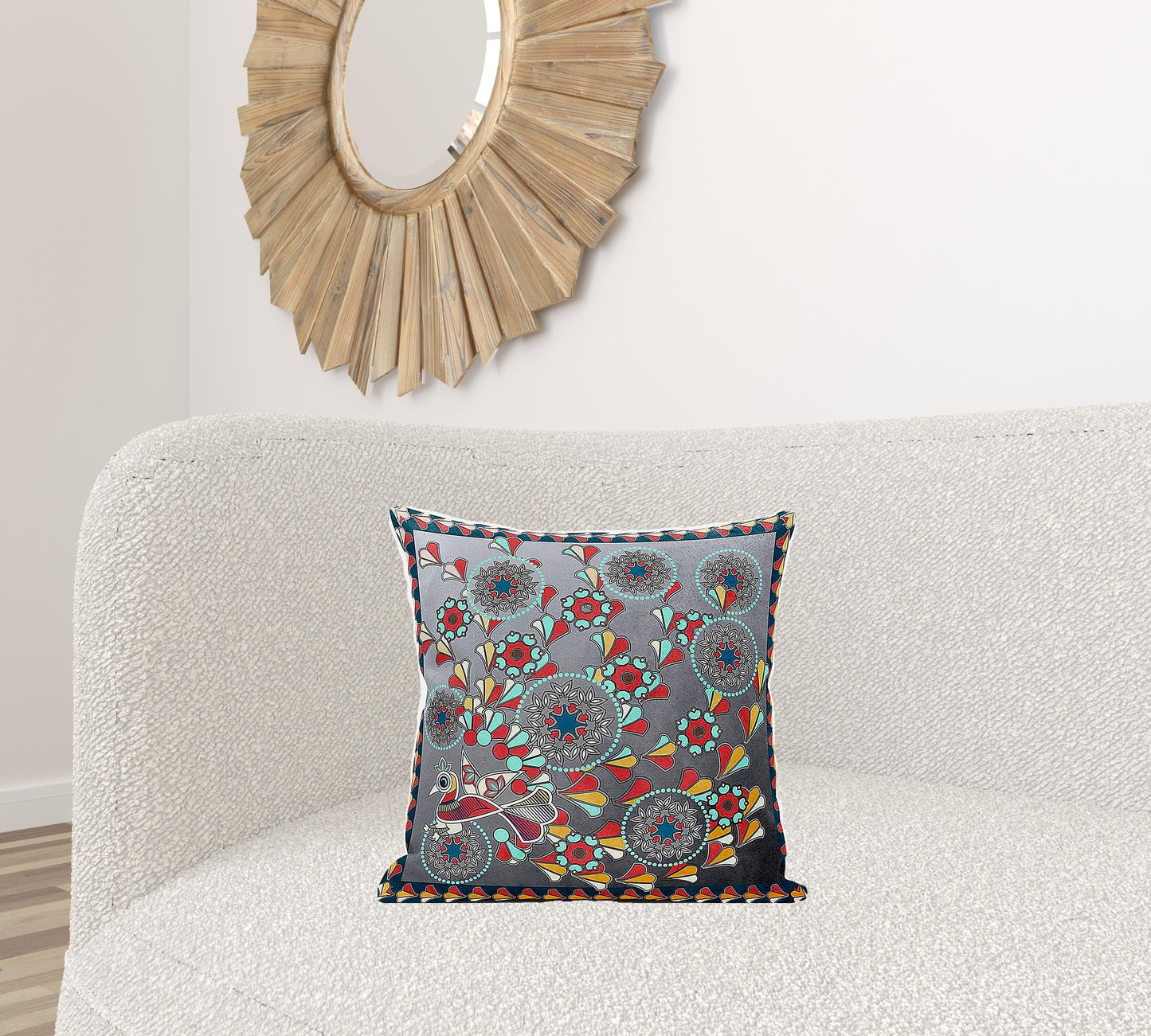 18" X 18" Blue and Gray Peacock Broadcloth Floral Zippered Pillow